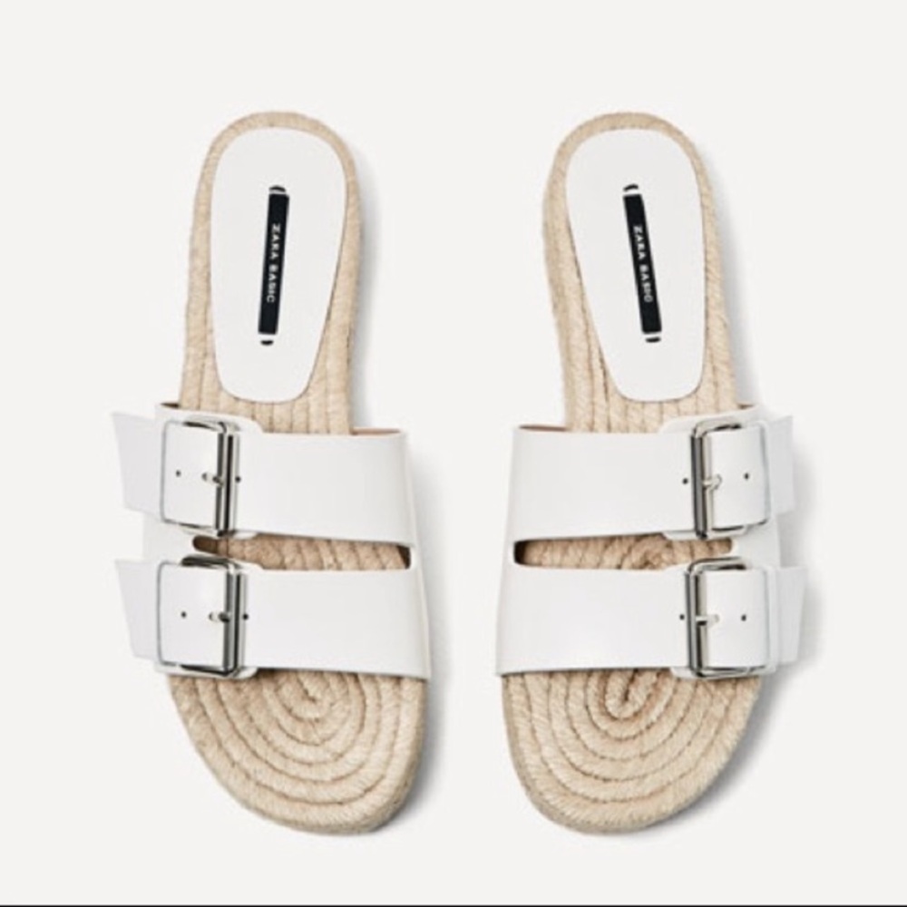 Zara White Leather Buckled Slides